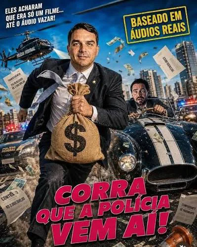 Montagem satírica em formato de cartaz de filme.