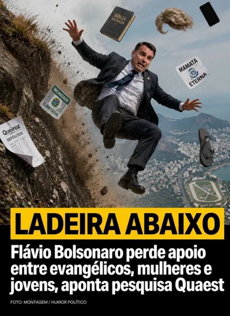 Montagem satírica “Ladeira abaixo” com referência a pesquisa eleitoral.