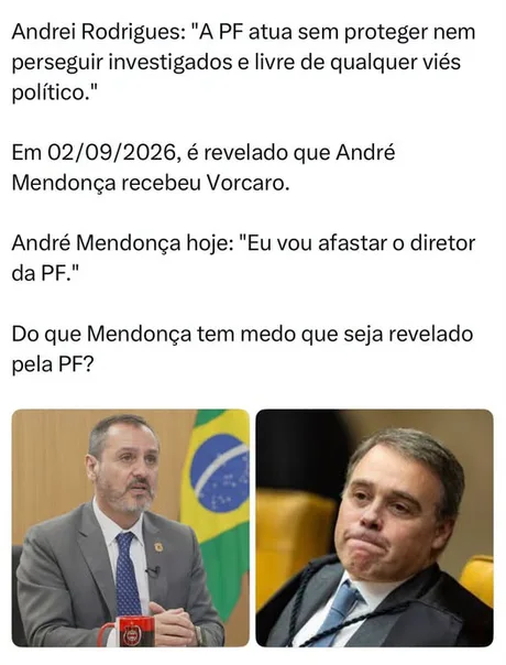 Card opinativo relacionando Mendonça, PF e Vorcaro.