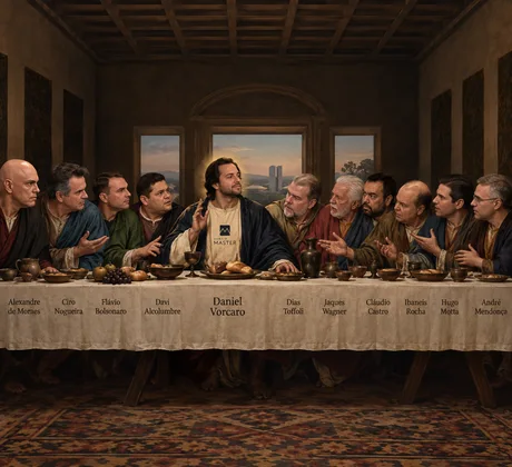 Montagem satírica em composição de “Santa Ceia” com Vorcaro e figuras públicas.