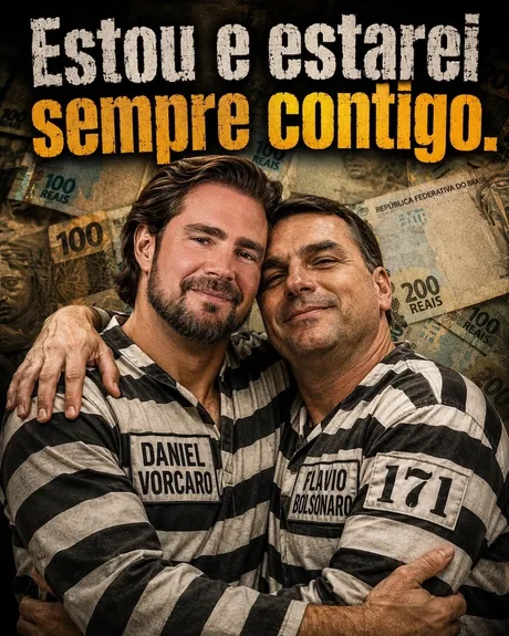 Montagem satírica com Flávio Bolsonaro e Daniel Vorcaro em figurino prisional.